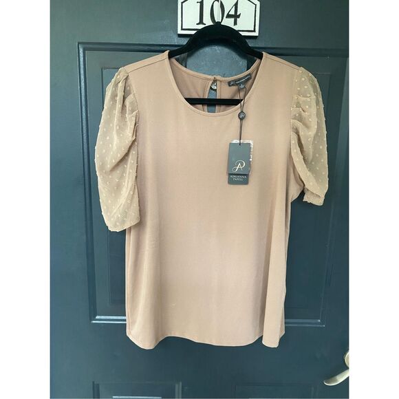Adrianna Papell NWT Daisy Mesh Short Sleeve Cocoa Blouse, Sz Medium, MP $69 - Picture 3 of 11